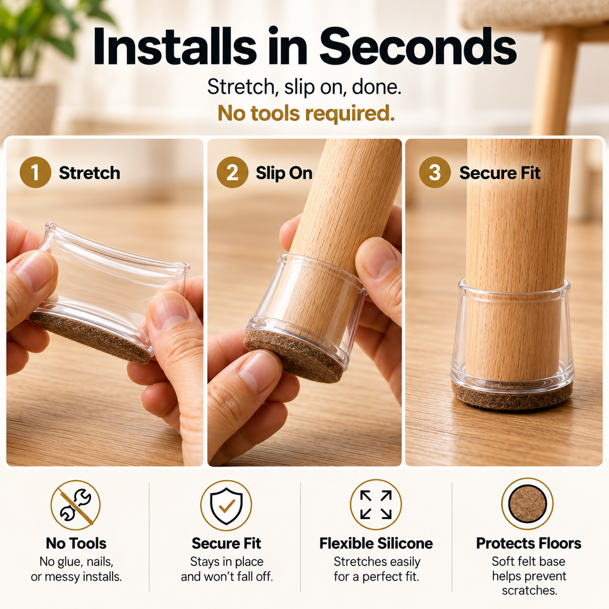 Chair socks protecting hardwood floor from scratches