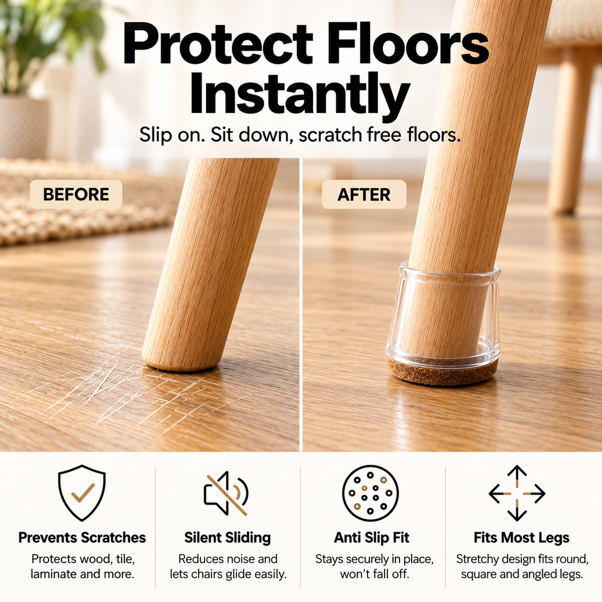 Clear silicone chair leg floor protectors