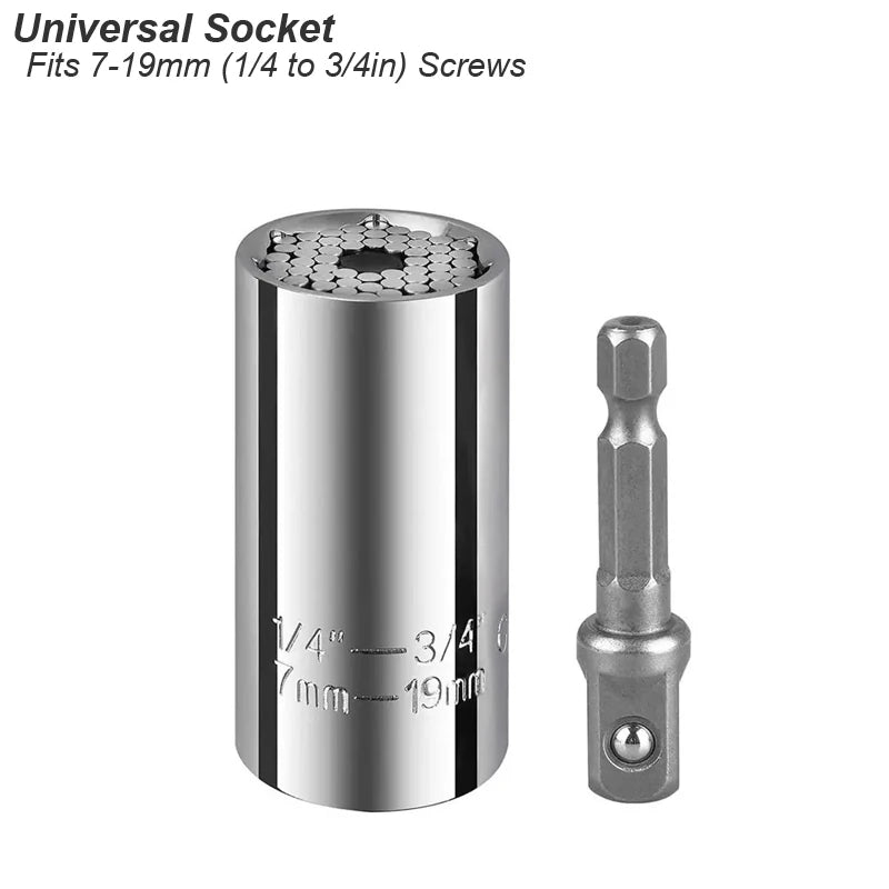 Stowforge universal socket with power drill adapter, fits 7-19mm