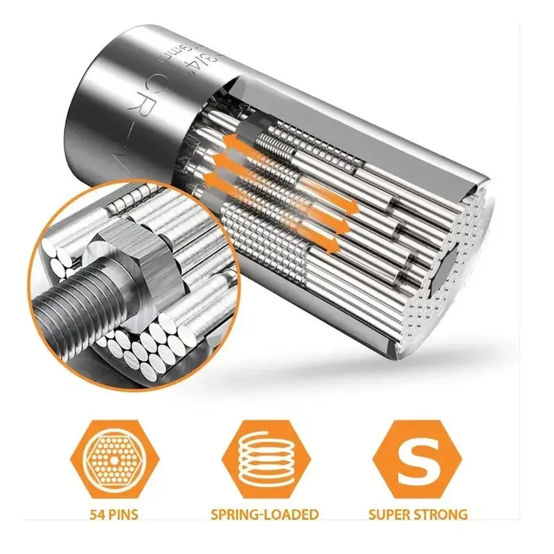 Self-adjusting universal socket with spring-loaded steel pins