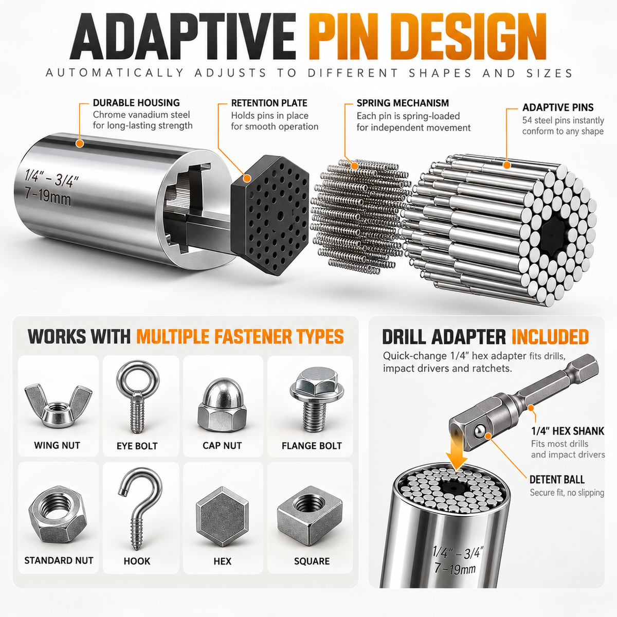 Universal socket pins grip wing nuts, eye bolts, hooks and square nuts