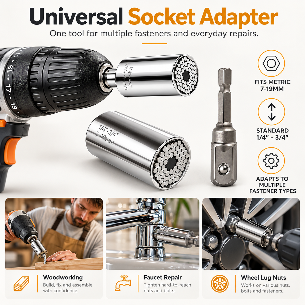 Universal socket adapter on a drill for woodworking and home repairs