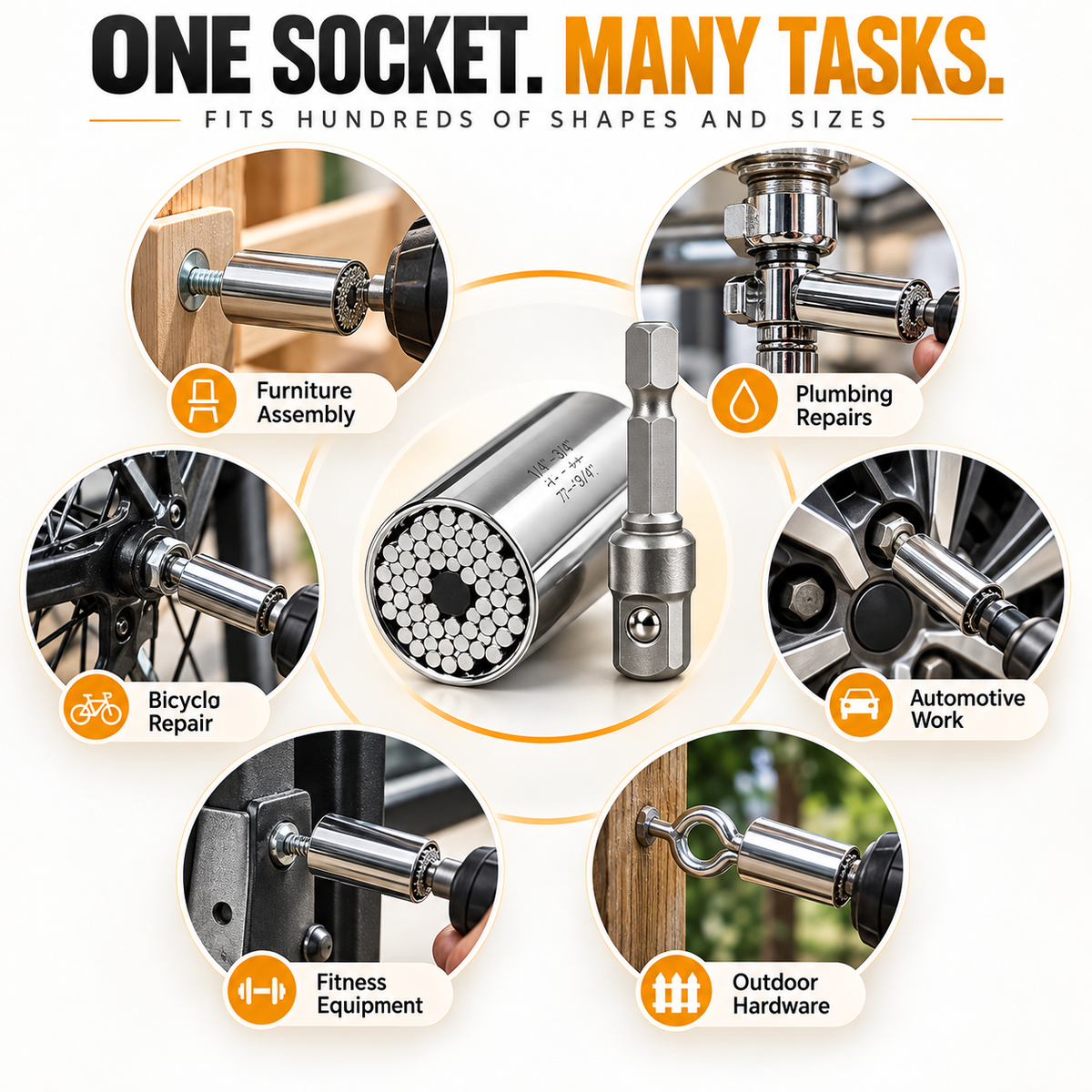 Universal socket for furniture assembly, plumbing and bike repairs