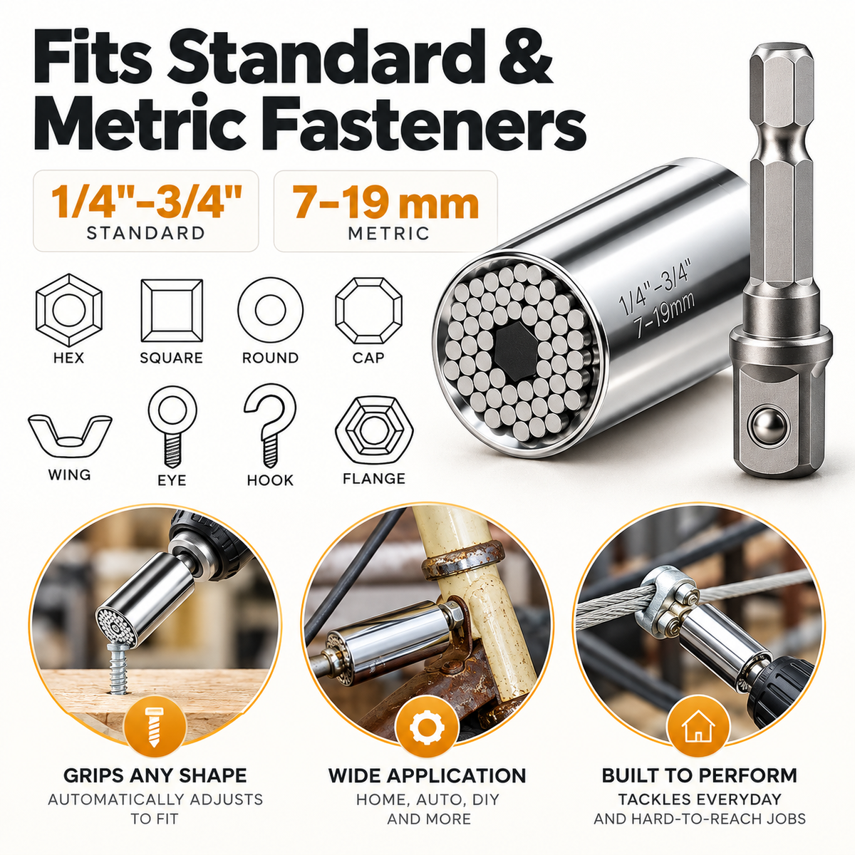 Universal socket grips standard and metric fasteners of any shape