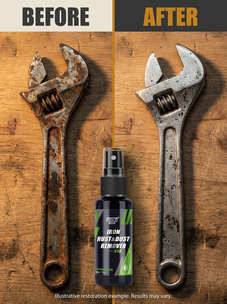 Rusty wrench before and after restoration